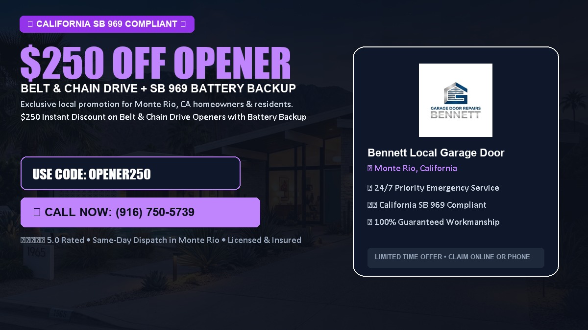 $250 OFF Smart Garage Door Opener Installation (Belt & Chain Drive with California SB 969 Battery Backup) in Monte Rio, CA